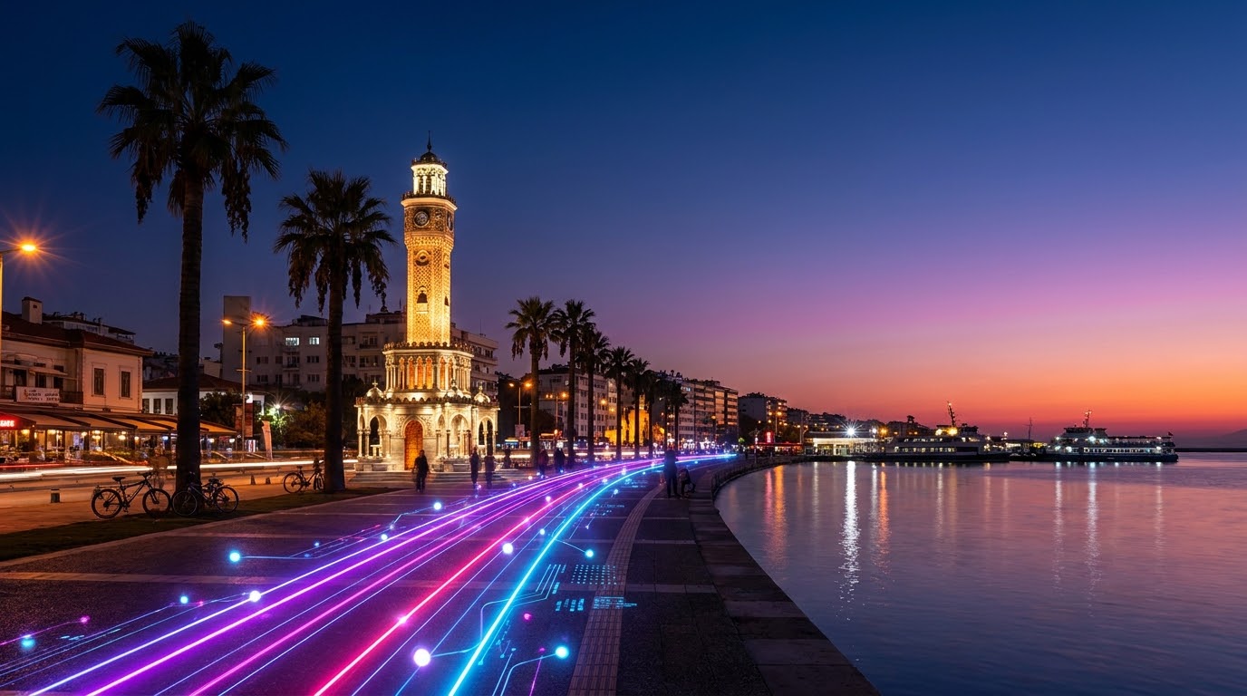 İzmir Kordon waterfront at twilight with light trails